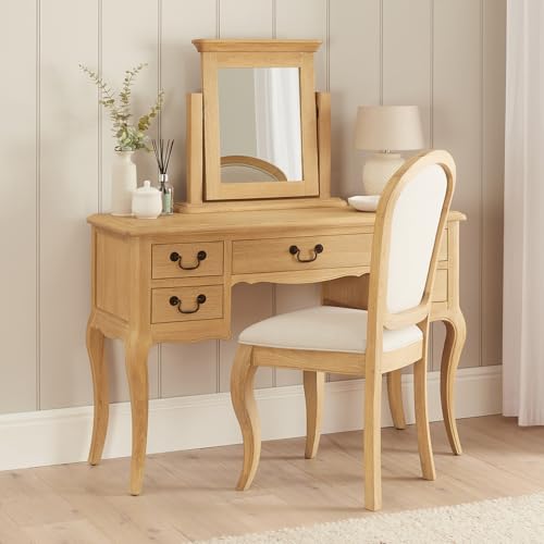 Image of French Chateau Oak Dressing Table Set with Mirror & Chair | 3-Piece Solid Vanity Set | 5 Drawers | Hand-Carved Cabriole Legs | Adjustable Mirror | Whitewash Finish | Fully Assembled