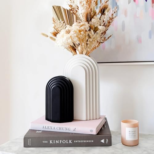 Image of PUREZENTO Boho Style Black & White Vase 9 & 6 Inch - Set of 2 | Arched Shape Vase for Home Decor Centerpiece for Living Room, Tabletop Styling | Vase for Pampas Grass, Dried, and Artificial Flowers