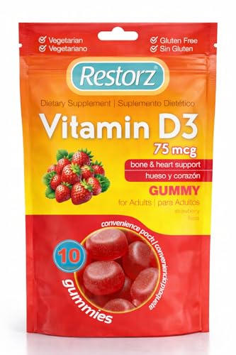 Restorz Vitamin D3 Gummies (120 Total, 12-Pack, 10 Per Pouch) - Flavorful Peach, Mango & Strawberry Wellness Chews/Heart & Bone Support/Vegan & Gluten Free/Soft Tasty Chewables for Adults & Kids