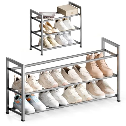Image of Bumusty 3-Tier Expandable Shoe Rack for Closet, 18 inch-33 inch Adjustable Shoe Rack for Small Space, Small Shoe Organizer for Front Door, Sturdy Metal, Light Grey