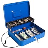 Cash Box with Money Tray and Lock, Large Money Box for Cash, 5 Coin Compartments, 4 Spring-Loaded, M