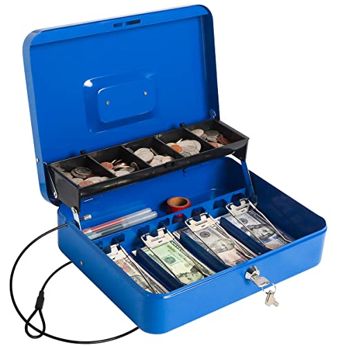 Cash Box With Money Tray And Lock, Large Money Box For Cash, 5 Coin Compartments, 4 Spring-Loaded, Money Safe With Security Cable, Blue #TOP6
