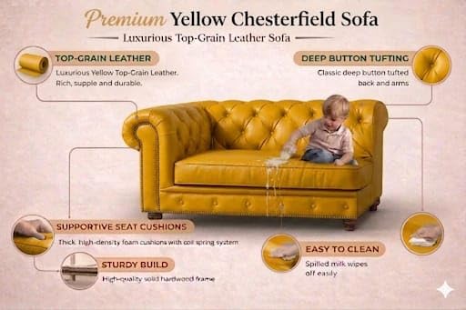 Image of Modern Classic Design Leatherette Luxury Chester Sofa Set with Button Tufted, Sofa for Living Room Home, Office and Lobby (Yellow, 1 Seater Sofa)