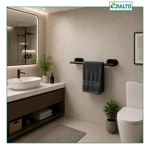 Image of JIALTO 16 Inch Self Adhesive Stainless Steel Towel Bar /Towel Hanger for Bathroom /Wall Mounted Bathroom Towel Holder /Towel Rack for Bathroom /Hand Towel Stand for Kitchen and Washroom (Black)