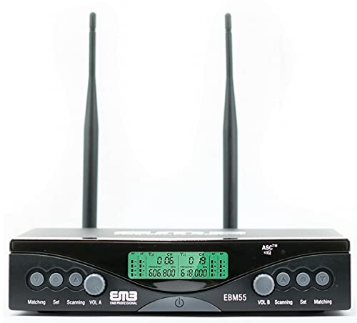 EMB EBM55 Dual UHF Wireless Handheld Microphone System w/Rechargeable Receiver - Great for Any Occasion Such as Karaoke, DJ, Wedding, Church, Classroom, Stage, Business and Outdoor