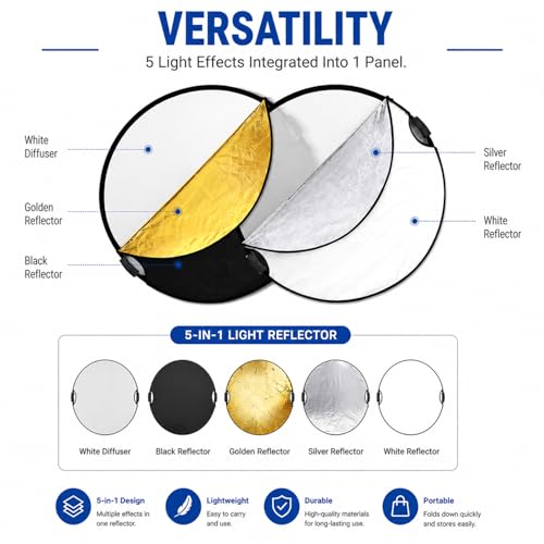 Image of ZIBUYU 5 in 1 Collapsible Reflectors for Photography with Bag, 80cm Dia Double Sided, Light Diffuser with Gold, Silver, White, Black & Translucent Panels for Studio & Outdoor Photography