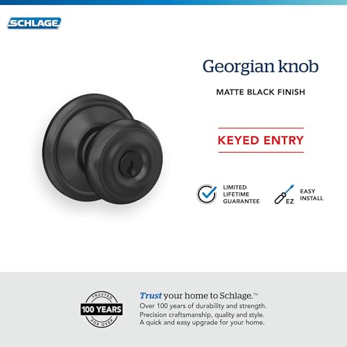 Image of Schlage F51A GEO 622 Georgian Door Knob, Keyed Entry Lock, Matte Black