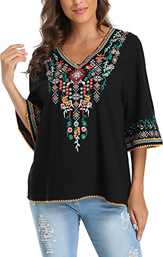 YZXDORWJ Women's V Neck Embroidered Mexican Peasant Blouse4