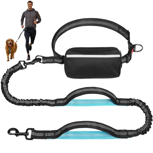 GREGCE Hands Free Dog Leash with Zipper Pouch, Dual Padded Handles Running Leash for Medium and Large Dog, Retractable Bungee Waist Dog Leash for Walking Hiking Running