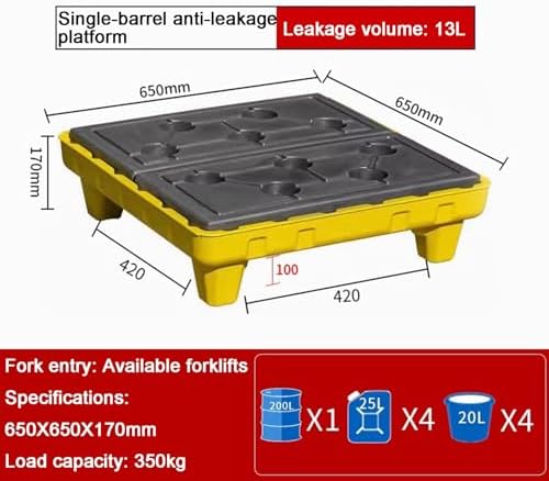 Industrial Oil Drum Spill Containment Platform, Stackable Anti-Slide Pallet with Detachable Grates for Leak Prevention and Safety，Black+Yellow 650x650x170mm