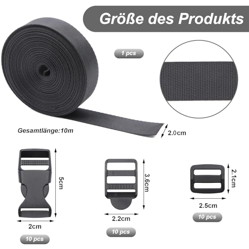 Scettar 20MM*10M Nylon Gurtband mit 10 Paare Schnallen und Verschlüsse,Verstellbare Kunststoff Steckschnalle, Klickverschluss Sicherheitsgurt Verlängerung für Rucksack DIY Handwerk Hundehalsband