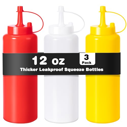 Rainspire 3-Pack 12oz Upgraded Thickened Durable Leak-Proof Condiment Squeeze Bottles for Sauces/Oil/Arts and Crafts Dishwasher Safe Multicolor