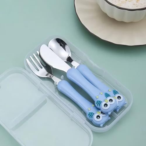 Image of Hian Kids Feeding Spoons Set with Carry Case - 304 Stainless Steel Spoon, Fork & Knife, Bird Design Handle, Easy to Carry for Lunch Box, Travel, Picnic - Blue Color, Pack of 3