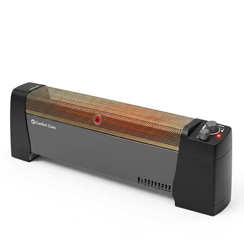 Comfort Zone 1500W Convection Baseboard Heater – Silent Portable Electric Space Heater with Adjustable Thermostat, 2 Heat Settings & Safety Tip-Over Switch – Black