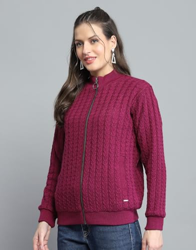Image of Monte Carlo Womens Self Design Maroon Mock Neck Full Sleeve Jacket