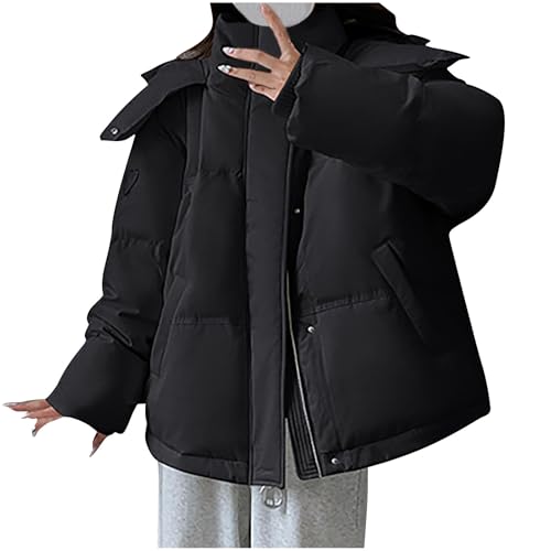 Chaquetas acolchadas para mujer, con cordón, chaqueta con botones, con cremallera, con capucha, acolchada, con bolsillos, chaqueta cálida para mujer de invierno, Negro, S