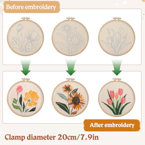 Image of Lyksgir 3 Sets Punch Needle Kits, Punch Needle Embroidery Starter Kits for Adults Beginners, DIY Easy Flower Embroidery Set with Printed Pattern, Hoops, Yarns, Instruction and Threader Tools