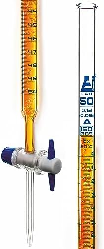 EISCO Burette, 50ml - Class A, ±0.05ml Accuracy - Borosilicate Glass - Straight Bore PTFE Stopcock - 0.1ml Blue Graduations