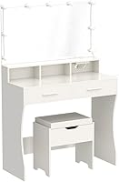 Vista 4 de Tocador de maquillaje con espejo iluminado y toma de corriente, juego de tocador de mesa de maquillaje con 3 colores de iluminación, brillo