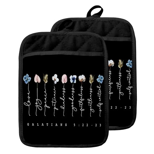 GOOZHO Floral Christian Pot Holders with Pockets, Fruits of Spirit Galatians 5:22-23 Bible Verse Oven Pot Holders Heat Resistant Oven Mitts Hot Pads for Kitchen Baking Cooking