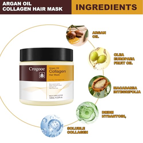 Crogooe Collagen Hair Treatment Deep Repair Conditioning Argan Oil Collagen Hair Mask Essence for Dry Damaged Hair All Hair Types 4.22 oz 120ml
