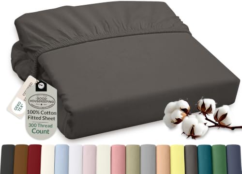 Image of ROYALE LINENS 300 Thread Count 100% Long Staple Combed Cotton Fitted Sheet Twin XL - Super Soft Deep Pocket Bottom Sheet - Fitted Sheets Only - Elastic Sheets (Twin XL, Grey)