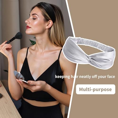 Image of ZLYC Mulberry Silk Headband for Women's Hair Elastic Hairband, Solid Silver