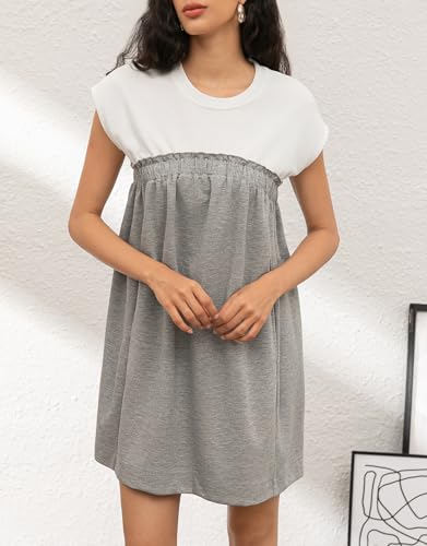Image of Ladyful Women's Sleeveless Sweatshirt Dress Patchwork Cotton Shift Mini Dress Flowy A Line Tunic Sundress
