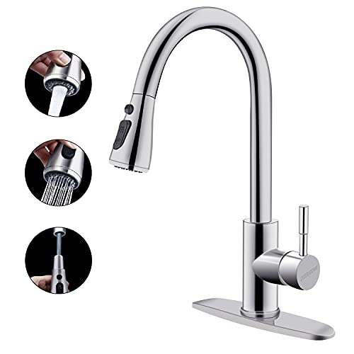 QUEENSDOWN Stainless Steel Kitchen Faucet, High Arc Single Handle Pull Out Brushed Nickel- Single Level Stainless Steel with Pull Down Sprayer(3 Modes with Deck Palte)