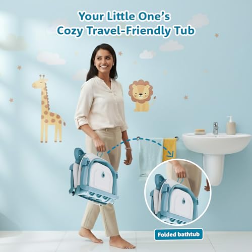 Image of Amazon Brand - Supples Baby Bath Tub for 0-3 Years | Double Foldable Bathtub for Baby & Kids with Soap Tray, Space Saving Design (White & Teal Blue)