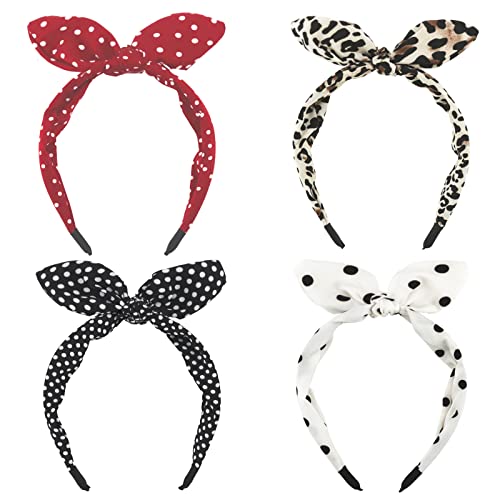 Wecoe 4 Pack Bow Headbands For Women Girls Cute Knotted Headband With Bow Red White Black Headband Comfortable Cloth Leopard Polka Dot Hair Bands Valentine's Day Hair Accessories For Women Girls Gift