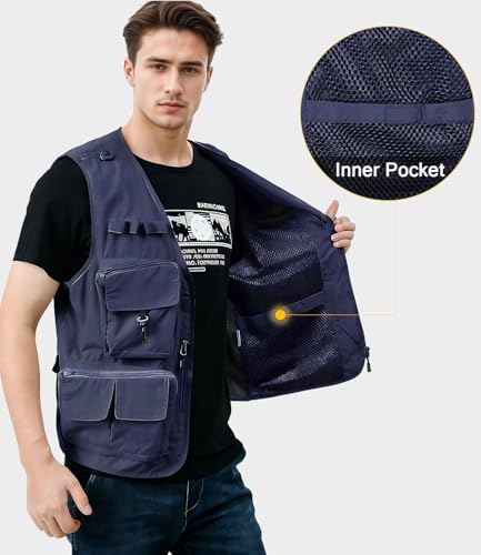 KTWOLEN Herren Anglerweste Sommer Leicht Schnelltrockenweste Funktionsweste Outdoor Fotografie Hundesport Weste Ärmellos Safari Weste mit Viele Taschen, Navy Blau, XXL