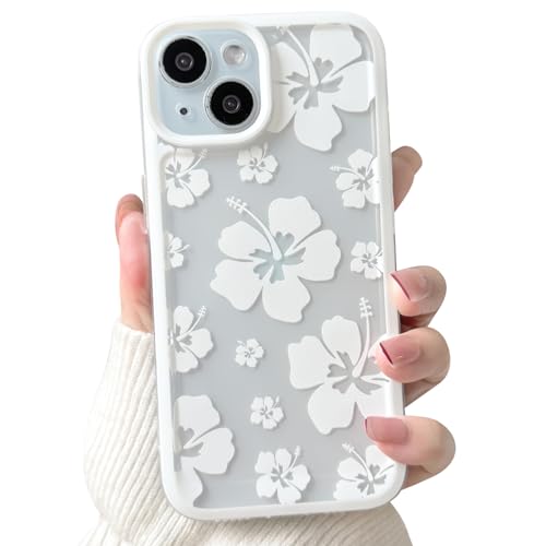 Lovmooful Compatible for iPhone 15 Case Clear Cute Floral Flower Hibiscus with Color Edge Design for Girls Women Soft TPU Shockproof Protective Girly for iPhone 15 Case-White