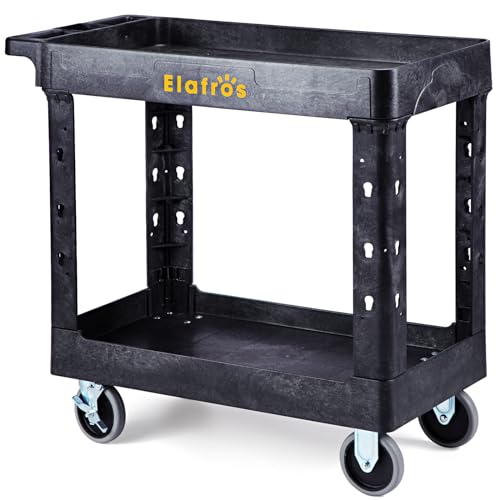 Image of ELAFROS 2-Tier Heavy Duty Rolling Cart, 34 x 17 in, 2 Fixed 2 Swivel, Black
