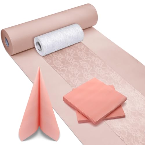 Tischdekoration aus Spitze(15cm(Breite)*12m(Länge)*2Rollen Bedruckte Servietten 3-lagig(40Stück)+Vliesstoff 30 Cm(Breite)*25M(Länge),Hochzeit,Partys,Weihnachten,Tischdeko-Set (Pink)