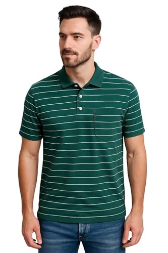 WILD ELEPHANT Men Striped Polo T-Shirt | Cotton Short Sleeve Polo Neck with Button | Chest Pocket Casual Wear