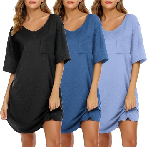 Image of Ekouaer Nightgowns for Women 3 Pack Sleepshirt Short Sleeve Nightshirt V Neck Sleepdress Oversized Sleepwear