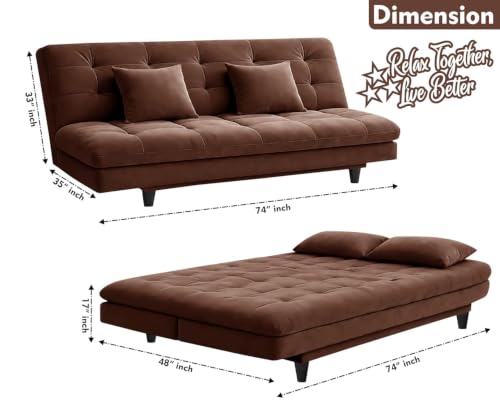 Image of Rosebell Modern Wooden 3-Seater Sofa Cum Bed Foldable Velevt Fabric Sofa for Living Room, Guest Room & Office-Brown-Color