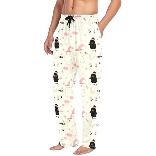 White and Black Spirits Men's Cotton Pajama Pants with Pockets and Drawstring Comfortable and Stylish,S4