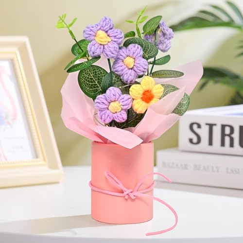 Image of Cortina Handmade Crochet Artificial Flowers with Light | Aesthetic Room Decor, Living & Bedroom Decor | Artificial Flower Wall Decor | Great for Gifting - Pink and Purple - 8.12x6.35x19.8 CM
