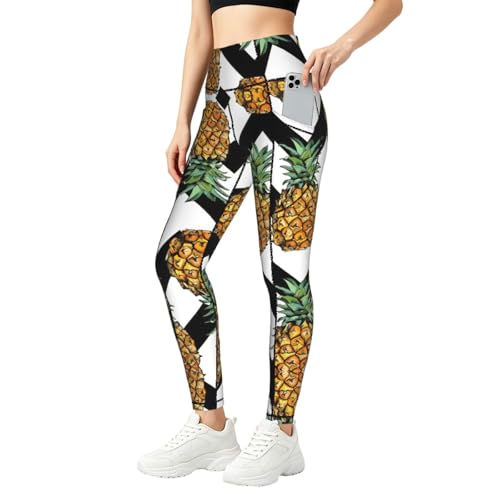 Leggings de moda con estampado premium de piña y rayas mallas de compresión de alta densidad