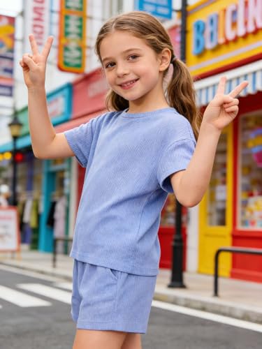 Image of Size 6-12 Years Girl's Tracksuit Sets 2 Piece Outfits Letter Print Vacation Tee Top and Drawstring Waist Shorts