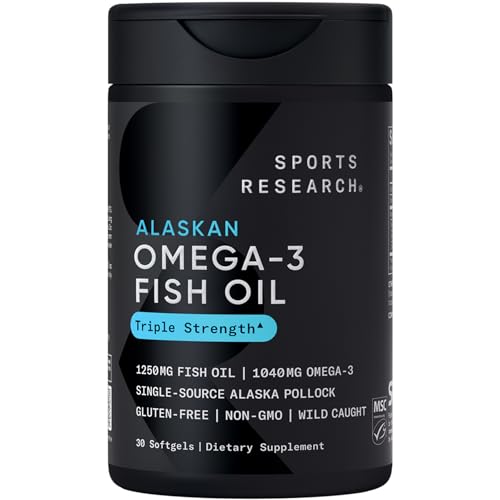 Sports Research Triple Strength Omega 3 Fish Oil 1250mg from Wild Alaskan Pollock - Burpless Fish Oil Supplement with Omega-3 EPA & DHA - Sustainably Sourced, Non-GMO, Gluten Free - 30 Softgels
