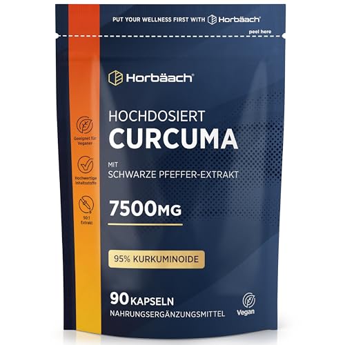 Curcuma Kapseln Hochdosiert 7.500 mg | Kurkuma Extrakt Kapseln mit Schwarzer Pfeffer | 3 Monate Vorrat - 90 Vegane Stk | Horbaach
