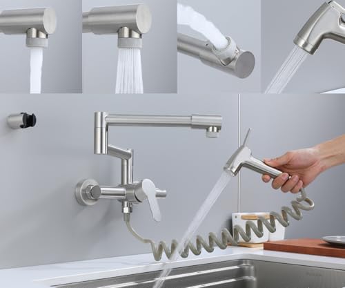 Grifo de cocina plegable, grifo de cocina, montaje en pared, grifo de fregadero, con tubo giratorio plegado de 360°, caliente y frío, pulverizadores multifuncionales, acero inoxidable 304, níquel