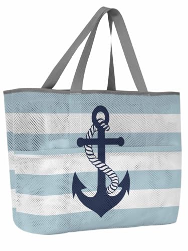 Mesh Beach Bag Oversized Tote Bags for Women Nautical Anchor Blue Stripe Large Travel Pool Bags with 8 Pockets