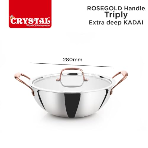 Image of Crystal TriPro -Triply Stainless Steel Extra Deep Kadai with Lid - 28 cm (Induction Bottom), with Rose Gold Handle (CTP-EDK-004A)