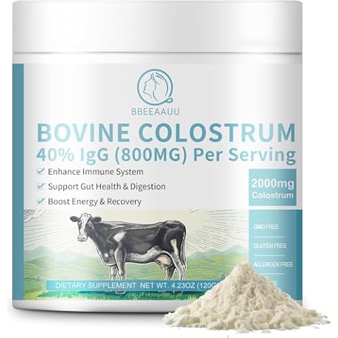 BBEEAAUU Bovine Colostrum Supplement 2000mg, Colostrum Powder 40% IgG Immunoglobulins for Immune Support, Hair Growth, Gut Health, Muscle, Energy - 100% Grass Fed, Gluten-Free, Non-GMO, 120 Grams Cover