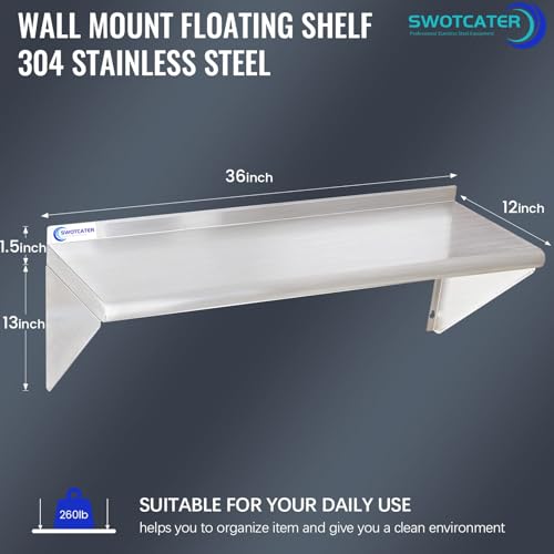 Image of 2 Pack Stainless Steel Shelf 12 inchx36 inch 280LB, Commercial Wall Mounted Metal Shelving for Home Kitchen, Restaurant