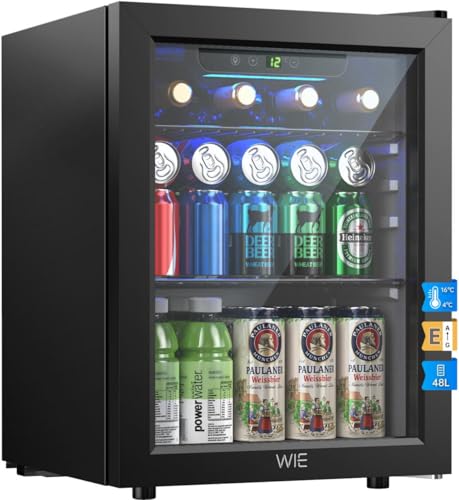 WIE 48L Drinks Fridge with Glass Door Beer Fridge for 68 Cans or 12 Wine Bottles Mini Fridge 4-16C Touch Control Quiet Beverage Refrigerators with LED Light Reversible Door for Home Bar Office